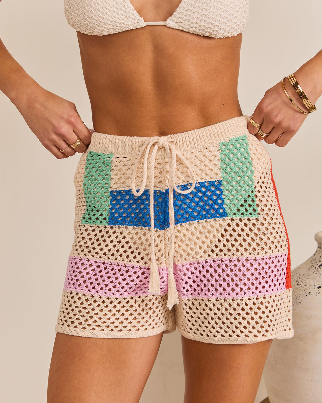Cannes Coast Striped Crochet Cover Up Shorts