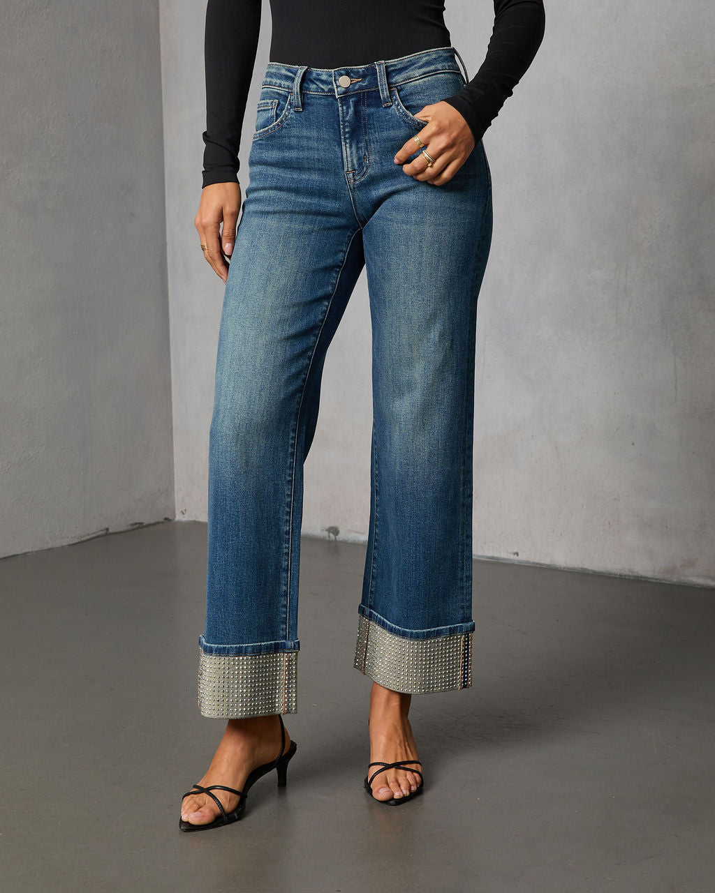 Sparkle Season Stretch Wide Leg Embellished Cuff Jeans