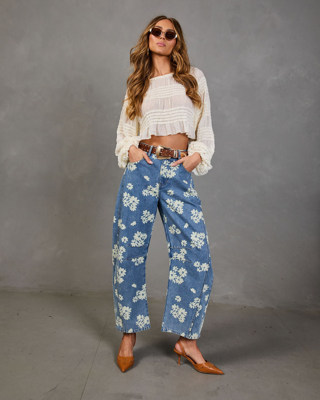 Daisy Ridge Rigid Barrel Leg Mid Rise Floral Jeans