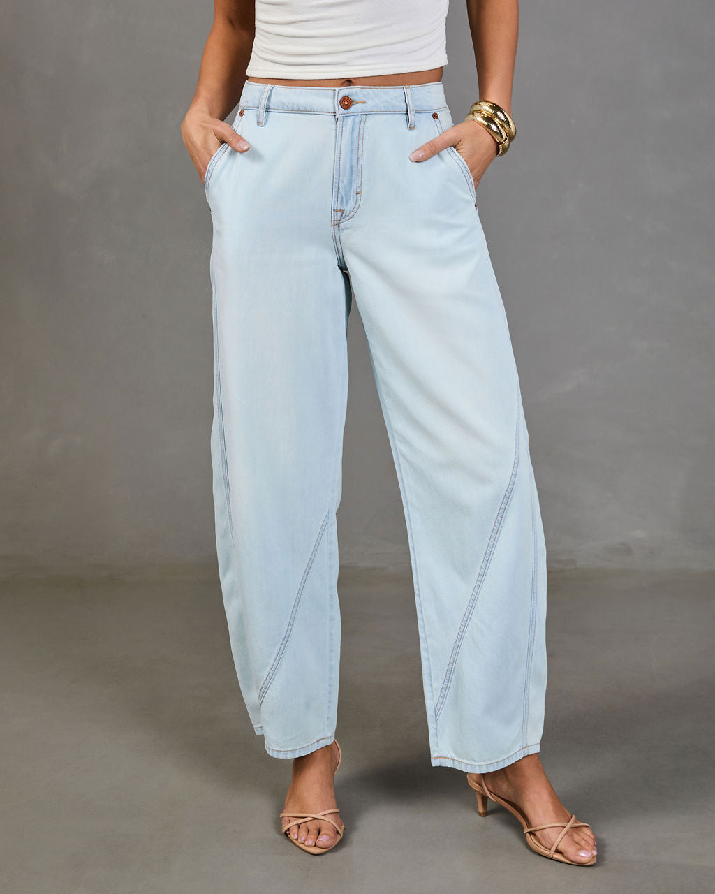 Washed Light Rigid Mid Rise Barrel Leg Jeans