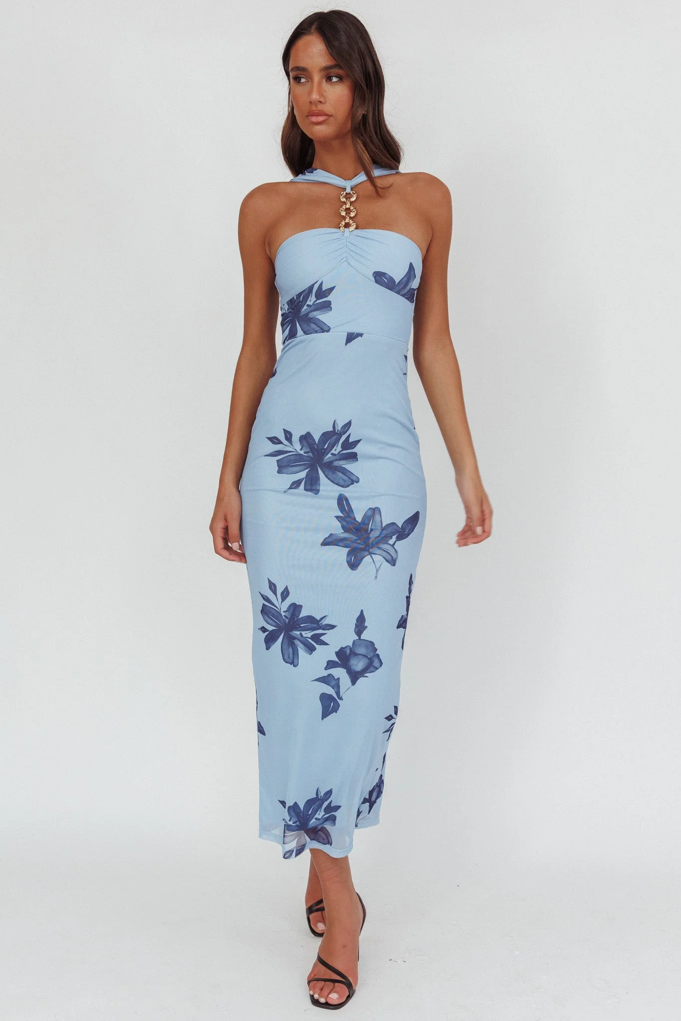 Maretha Gold Link Neckline Maxi Dress Lily Blue