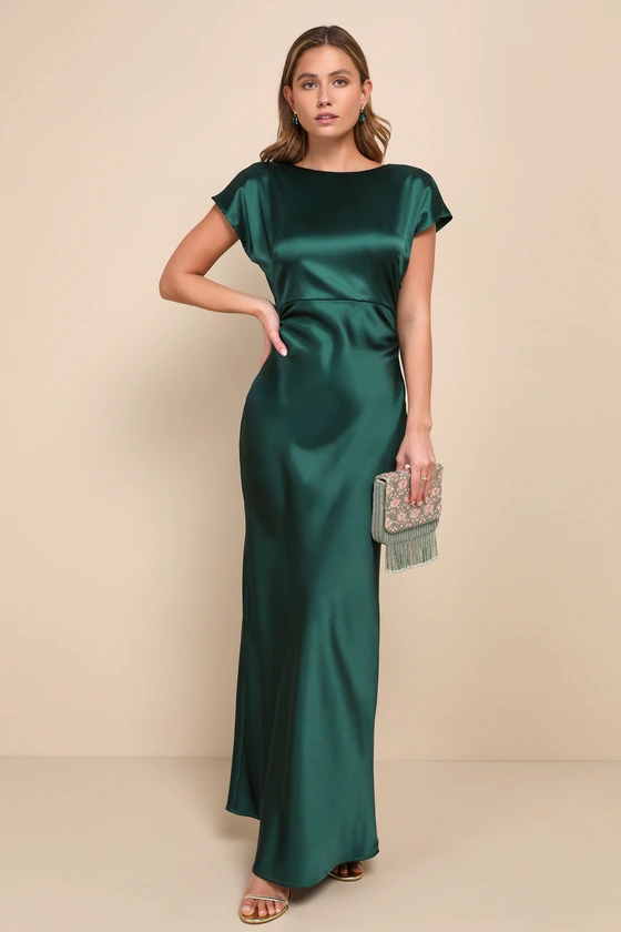 Captivating Presence Forest Green Satin Cowl Back Maxi Dress