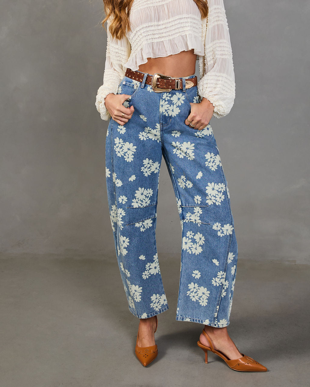 Daisy Ridge Rigid Barrel Leg Mid Rise Floral Jeans