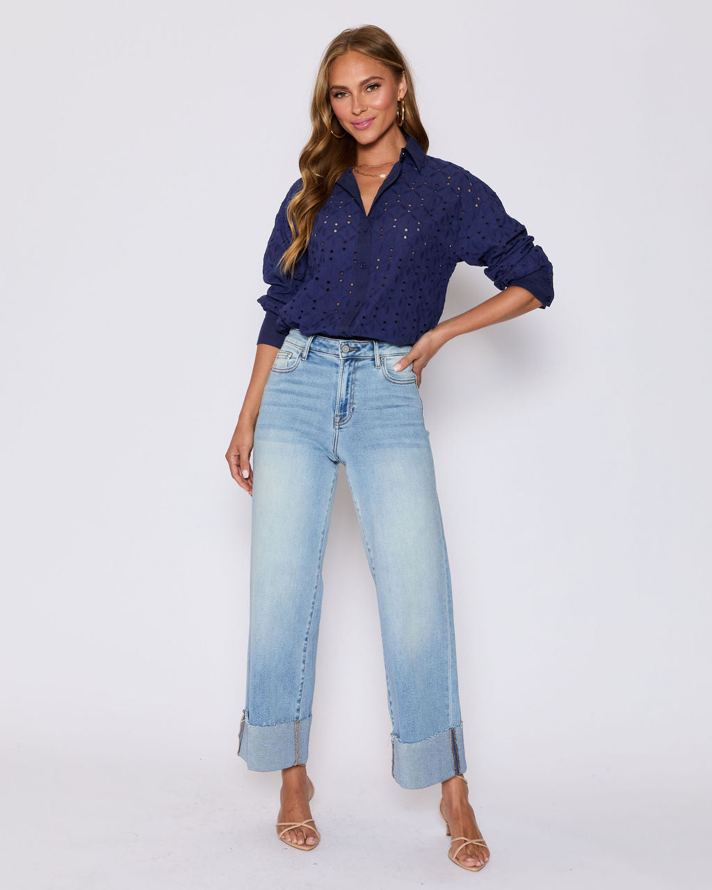 Garden Stroll Eyelet Floral Button Down Top