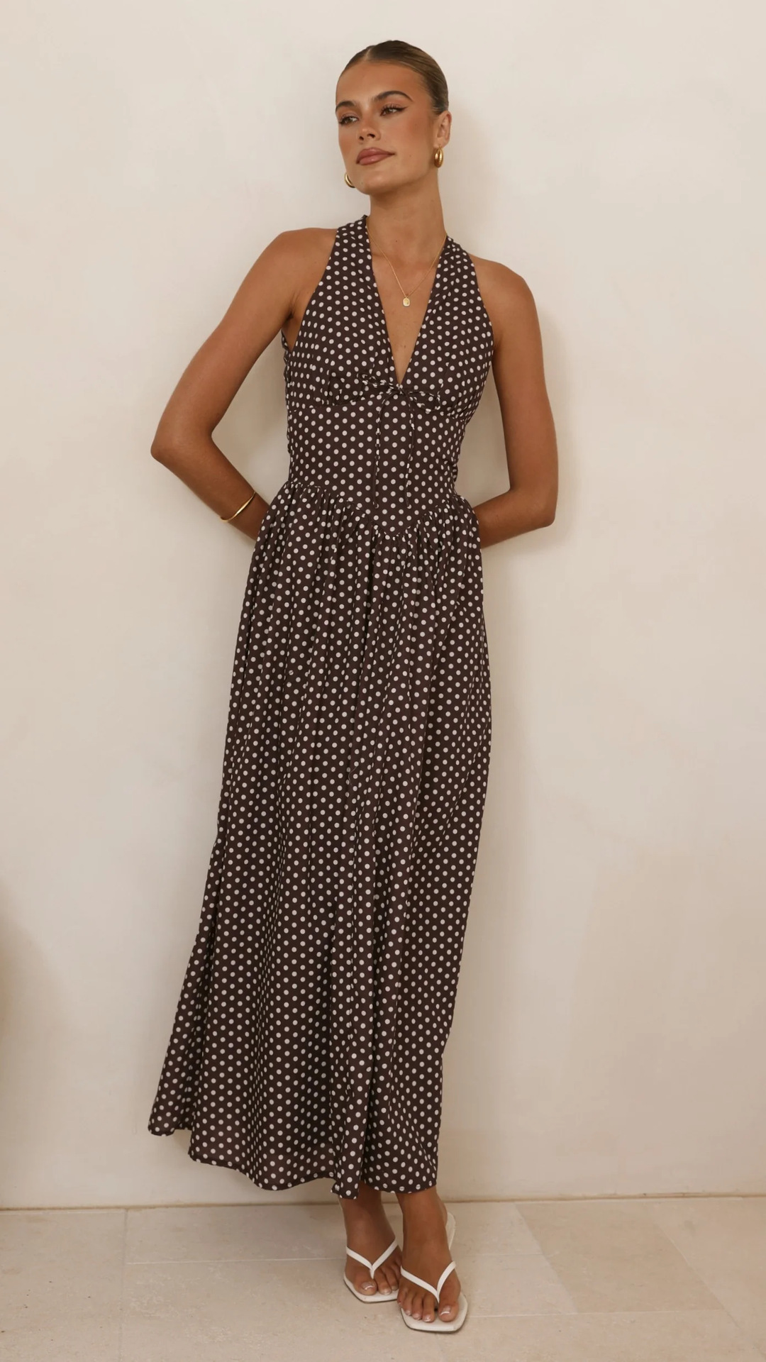 Polka Dot Print Halter Neck Fitted Waist Holiday Maxi Dress