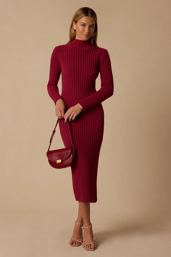 Irresistible Feelings Berry Red Fuzzy Knit Midi Sweater Dress