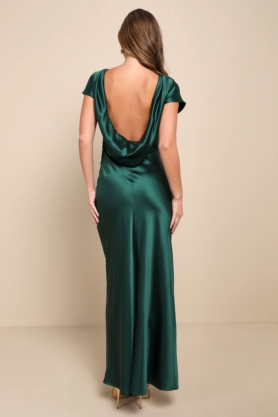 Captivating Presence Forest Green Satin Cowl Back Maxi Dress