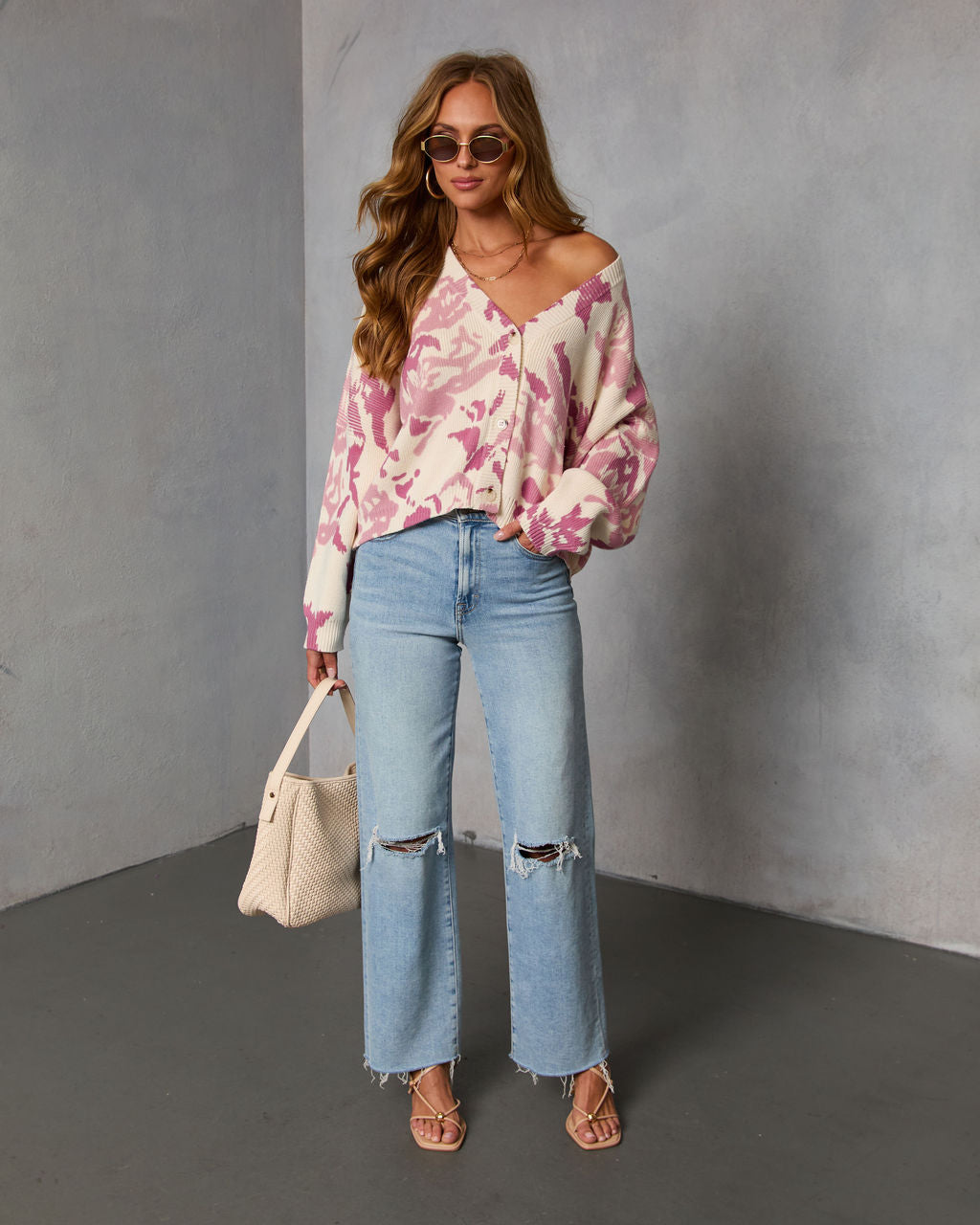 Honeyed Timber Knit Printed Cardigan