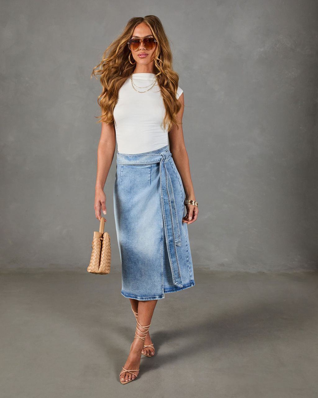 Class Act Denim Wrap Midi Skirt