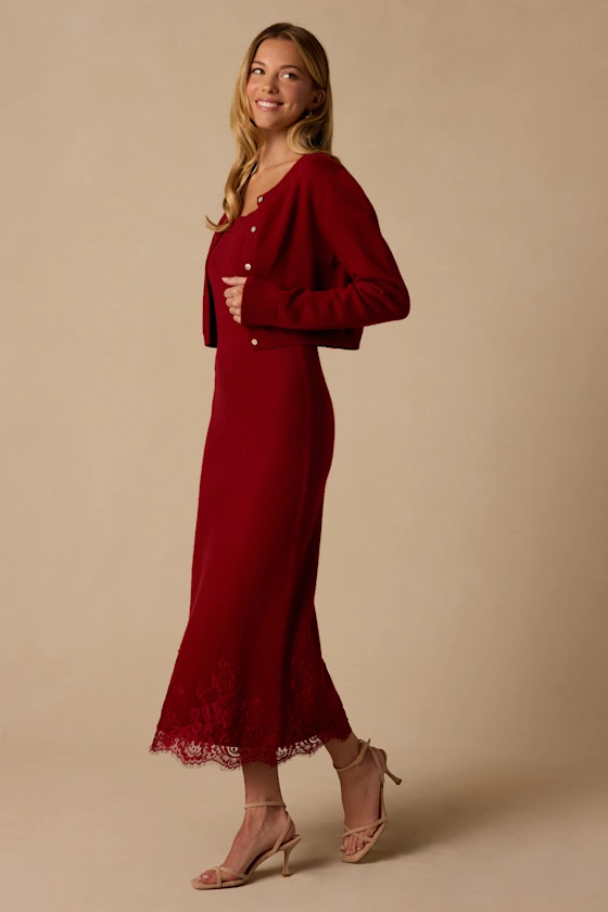 Cazzy Red Two-Piece Lace Sweater Dress