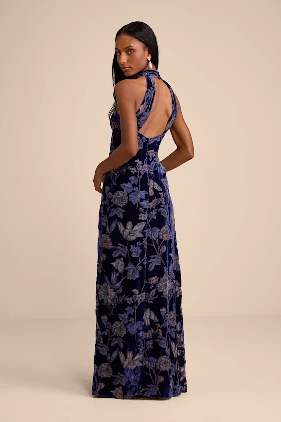 Amberline Navy Velvet Burnout Halter Maxi Dress