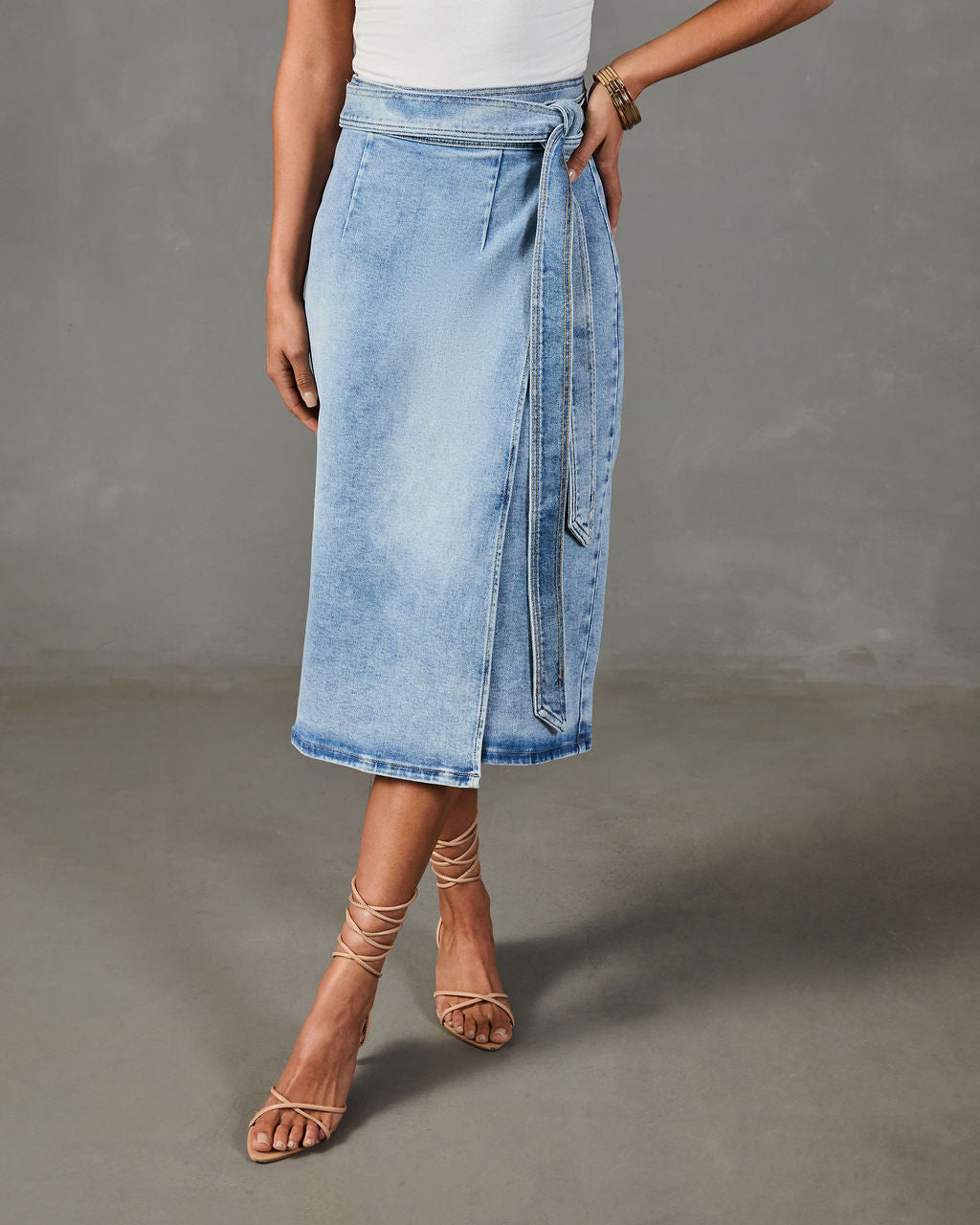 Class Act Denim Wrap Midi Skirt