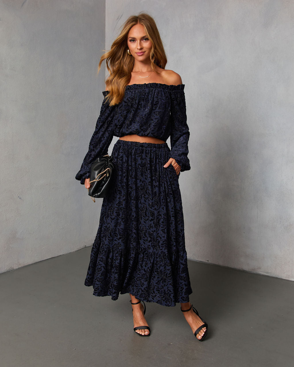 Miriza Flocked Mesh Velvet Off The Shoulder Top