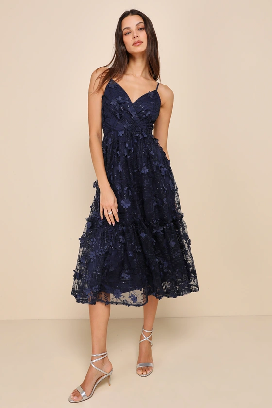 Springtime Soiree Navy Black Sequin 3D Floral Applique Midi Dress