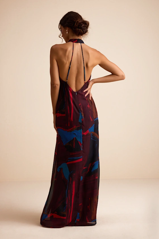 Solayne Burgundy Multi Abstract Strappy Halter Maxi Dress