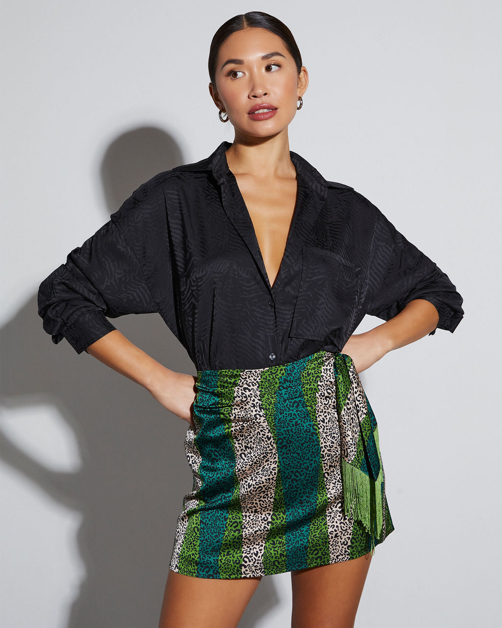 Sherlyn Satin Embossed Button Down Top