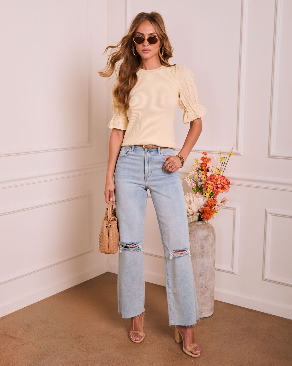 Daytime Standard Knit Floral Puff Sleeve Top