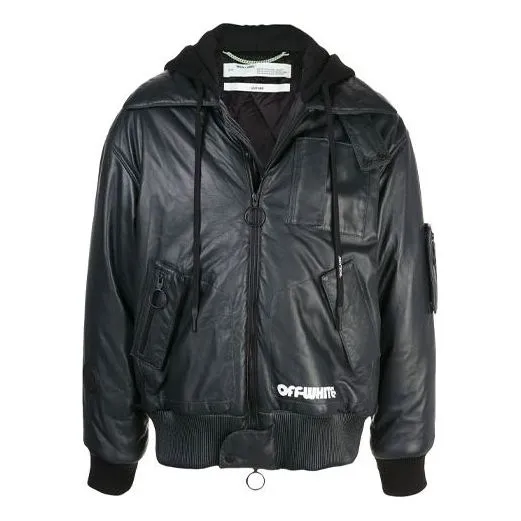 Men's O-W Logo Printing Pattern Leather Aviator Jacket Black OMJA027E199830140801