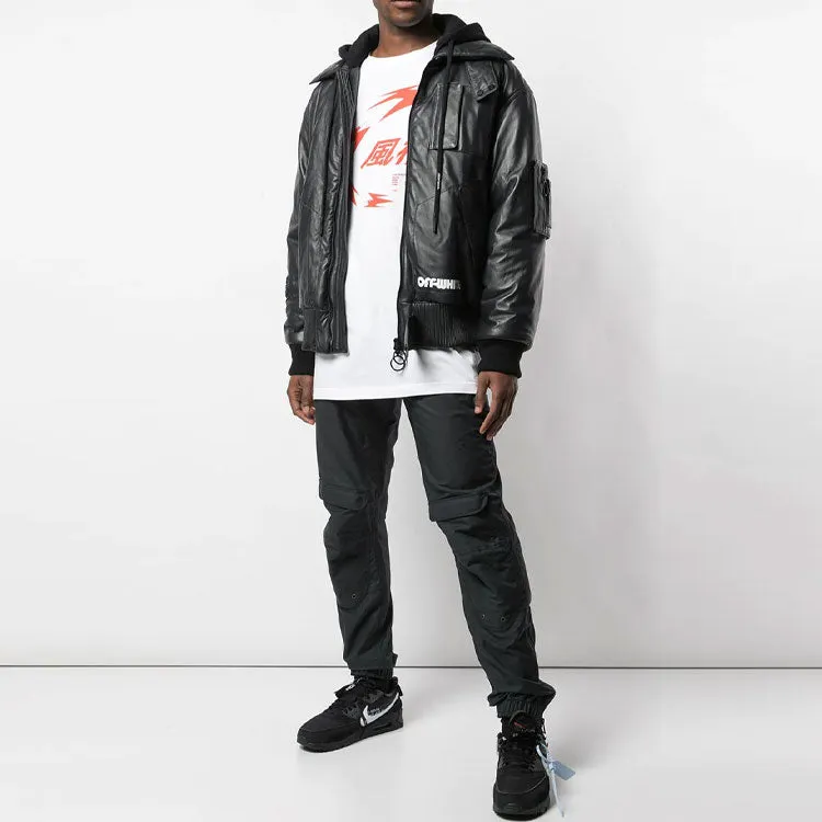 Men's O-W Logo Printing Pattern Leather Aviator Jacket Black OMJA027E199830140801