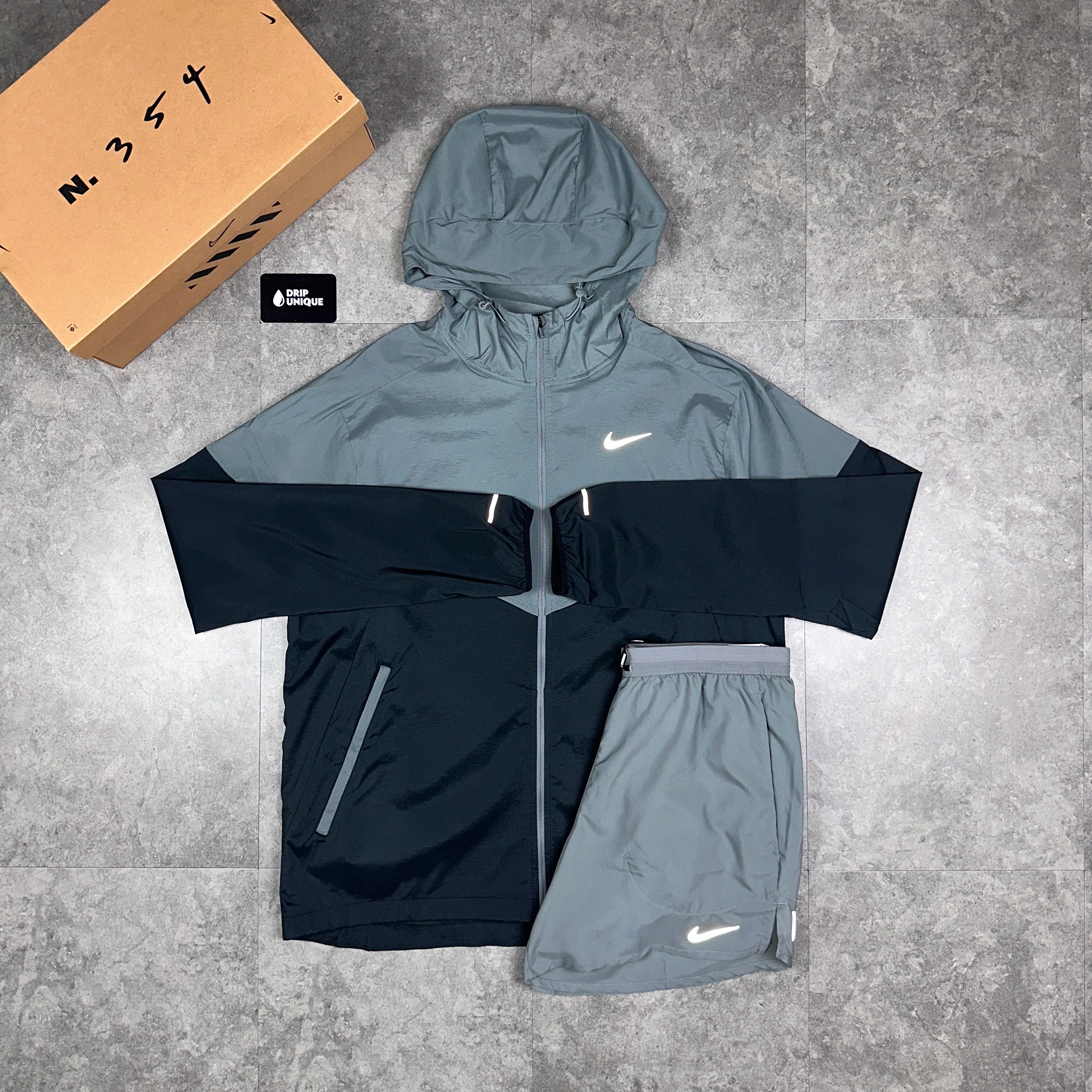 NK UV Windrunner Jacket Grey / Black & Grey Flex Stride Shorts Set