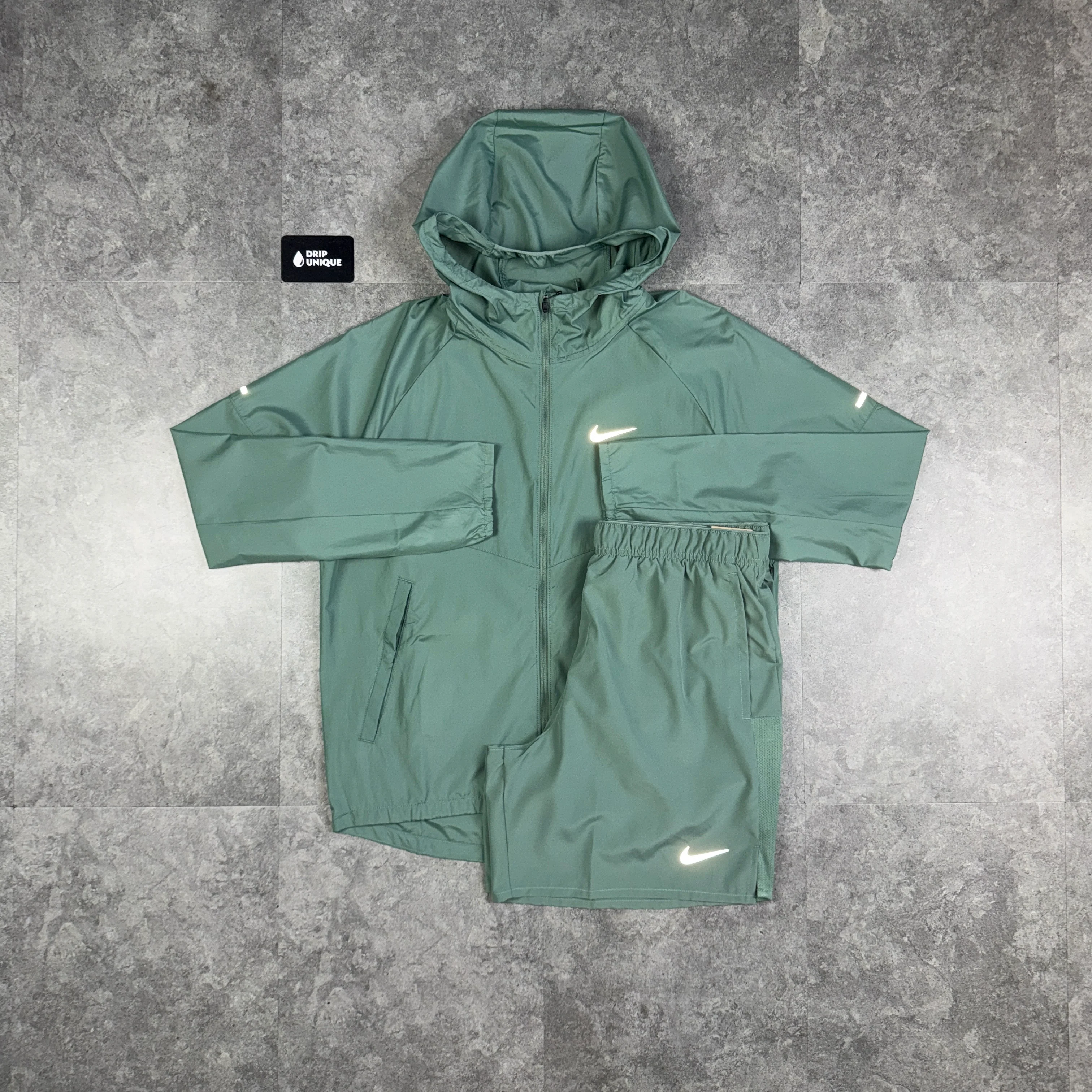 NK Repel Miler Windrunner Jacket Clay Green & Green Challenger Shorts Set