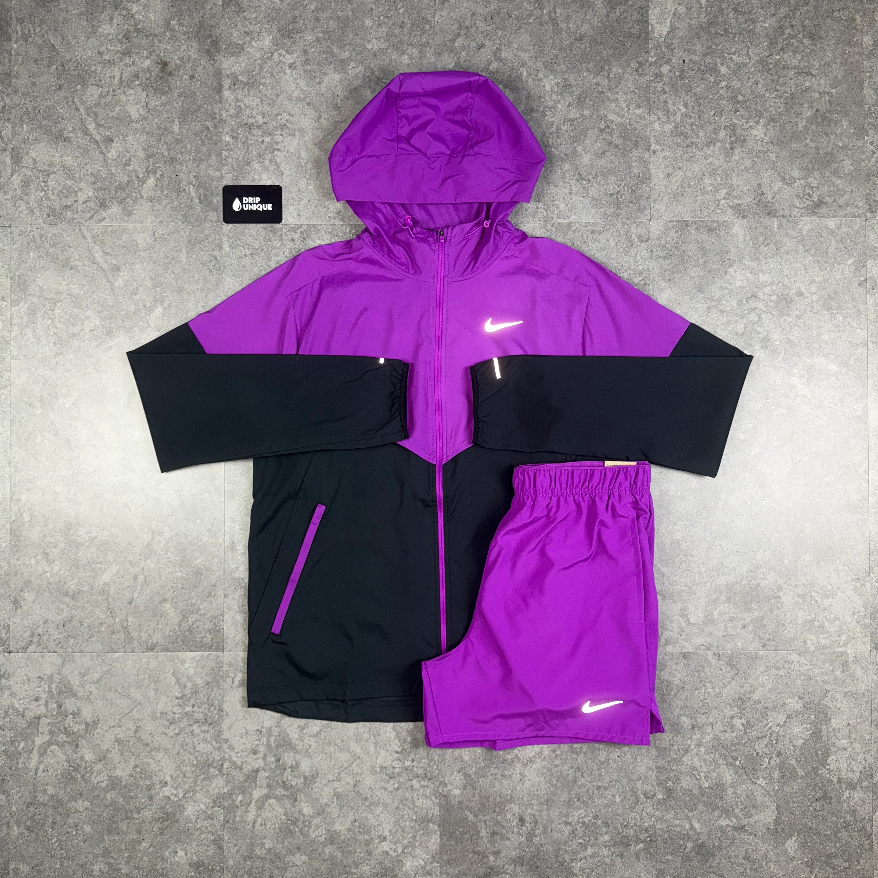 NK UV Windrunner Jacket Vivid Purple & Purple Challenger Shorts Set
