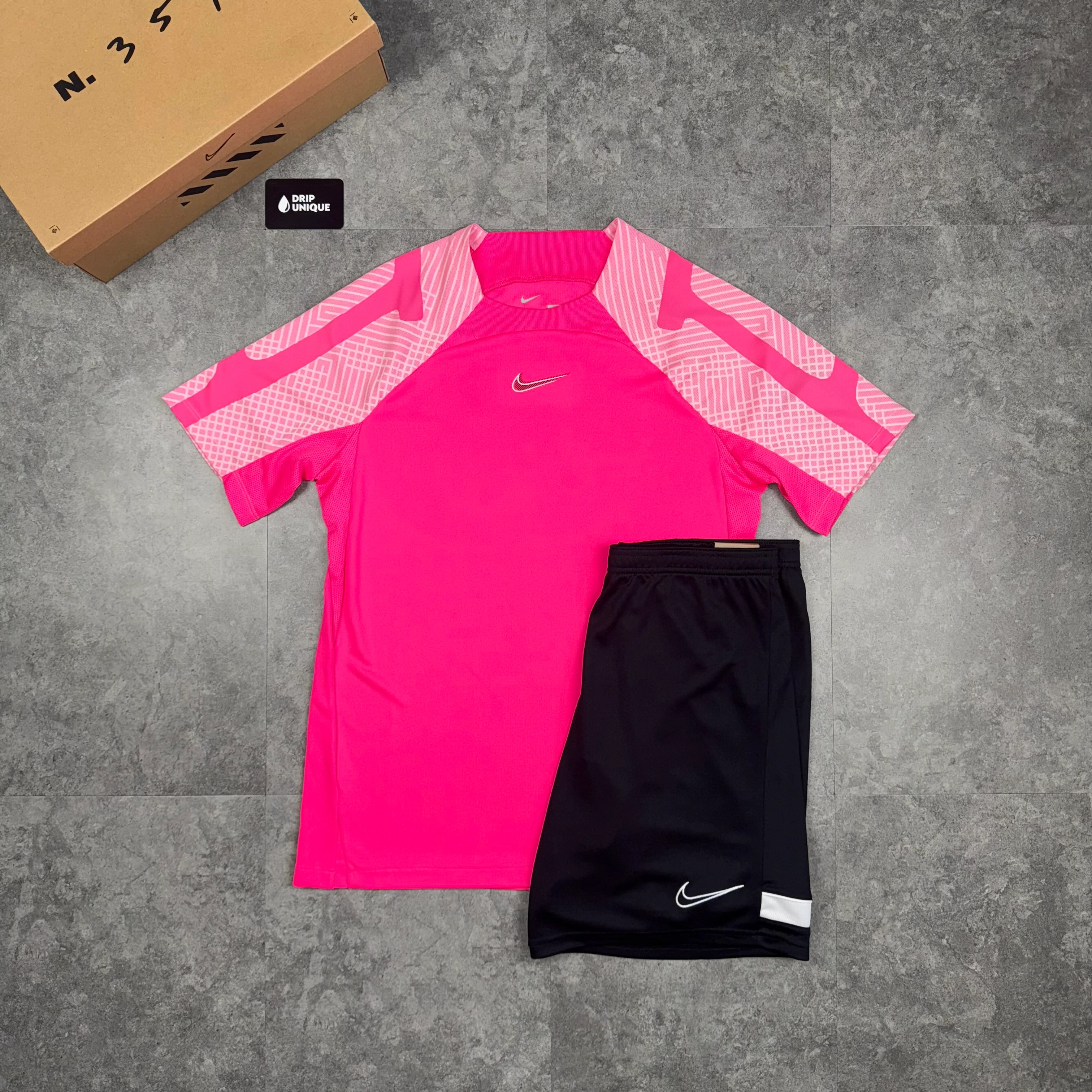 NK Dri-Fit Strike T-Shirt Hot Pink & Black Dri-Fit Strike Shorts Set