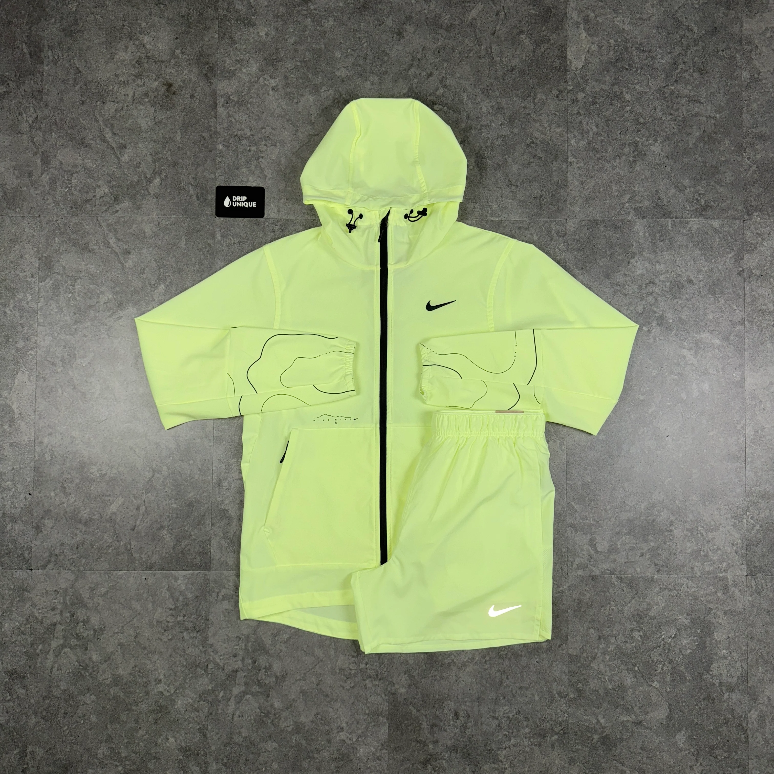 NK Repel “Just Do It” Windrunner Jacket Barely Volt & Volt Challenger Shorts Set