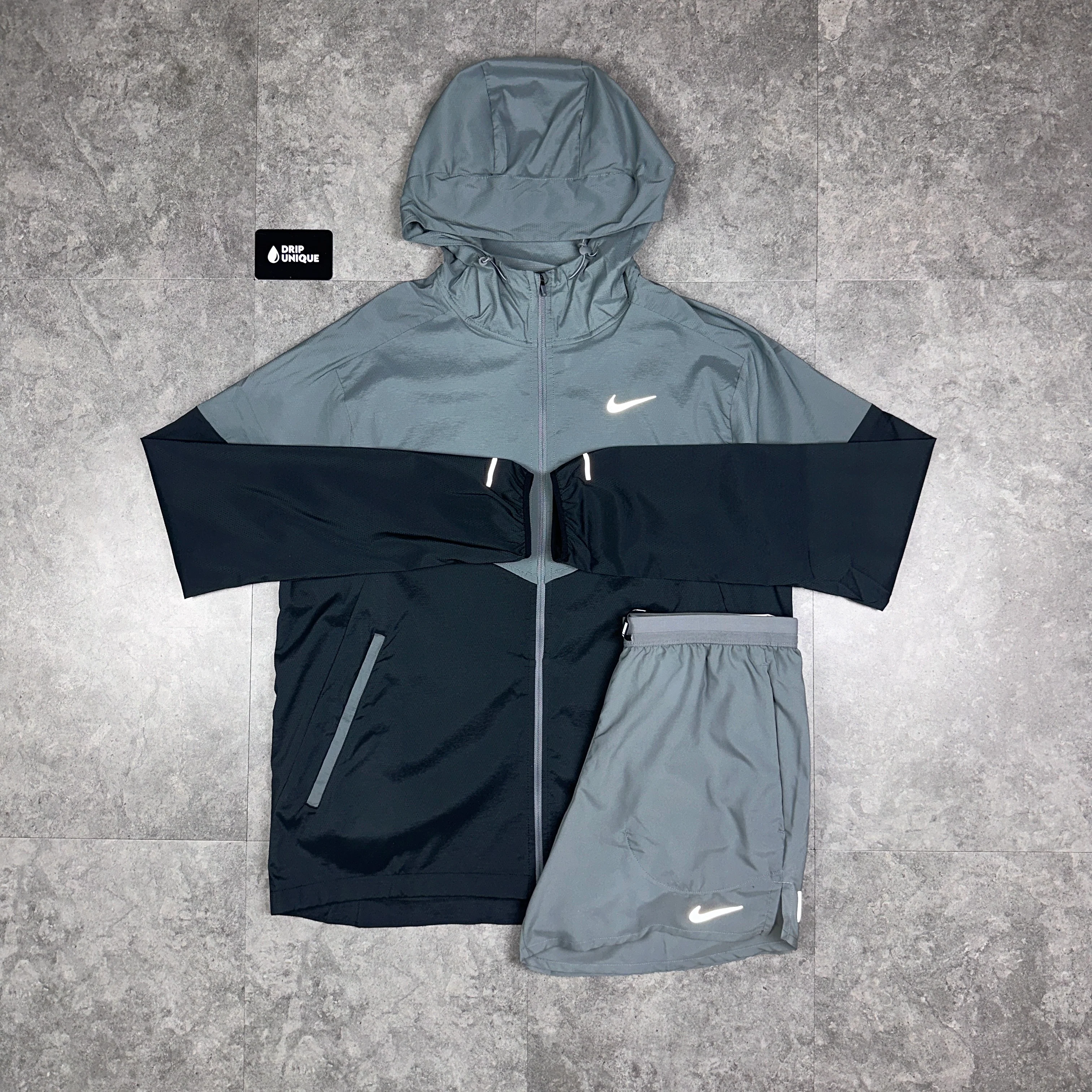NK UV Windrunner Jacket Grey / Black & Grey Flex Stride Shorts Set