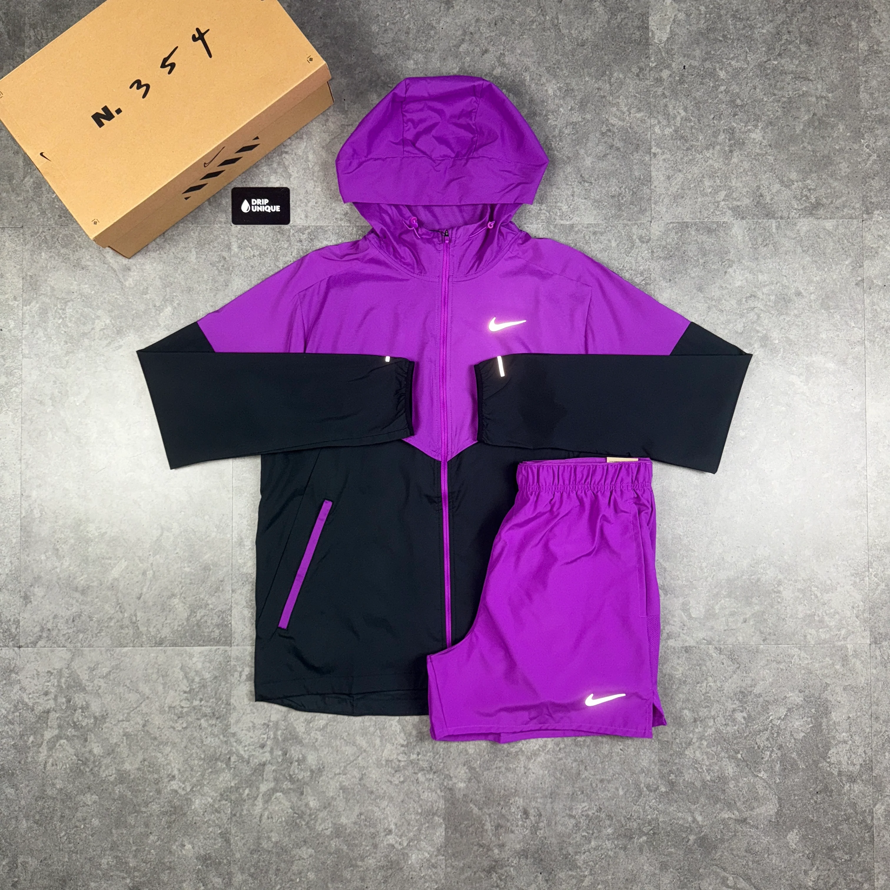 NK UV Windrunner Jacket Vivid Purple & Purple Challenger Shorts Set