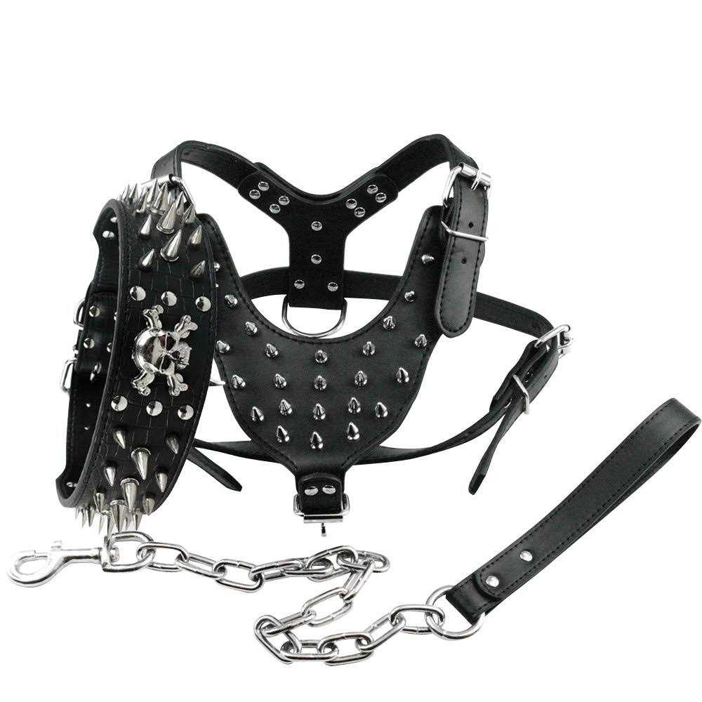 Berry Pet Black Leather Spikes Studded Medium & Large Dog Collar & Leash & Harness 3 Pcs Set for Pitbull Boxer