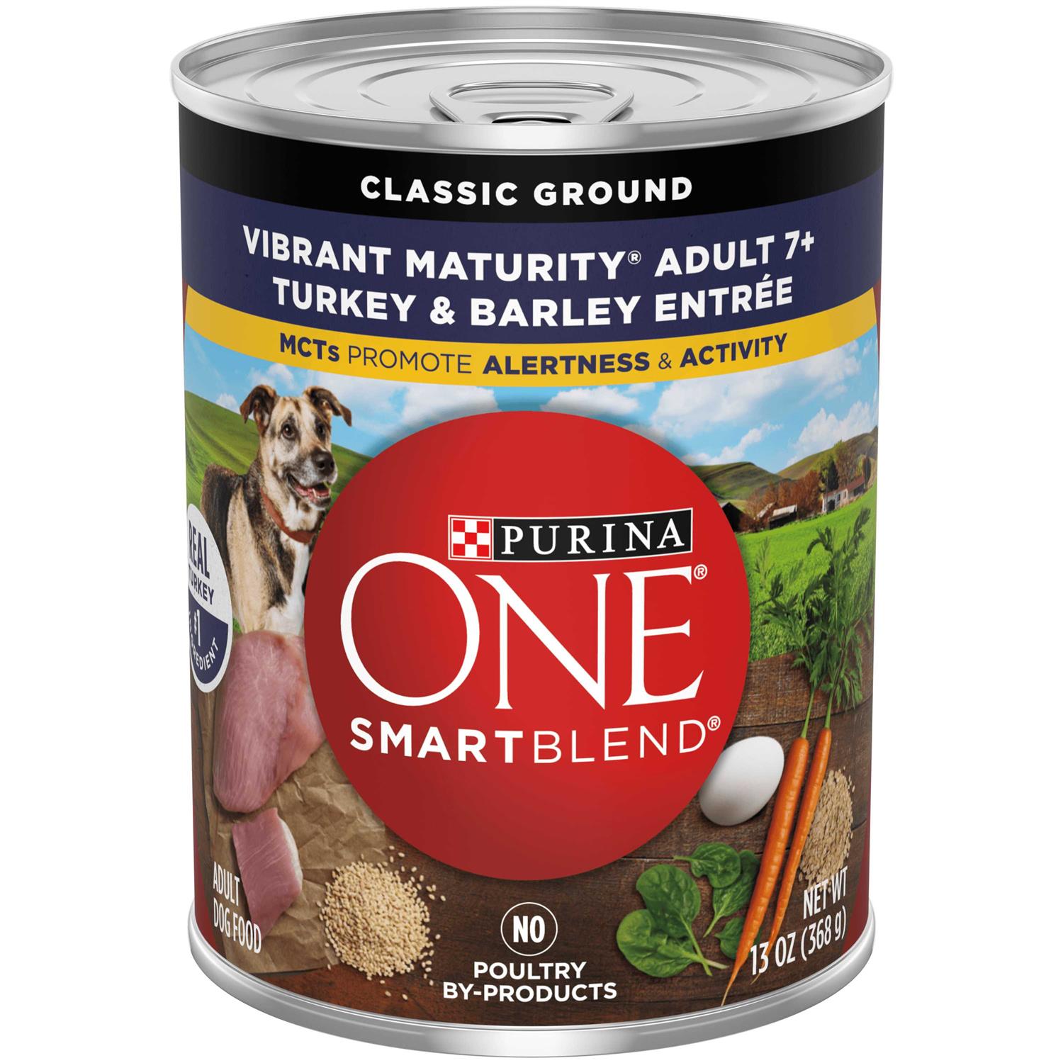 Purina ONE +Plus Adult Classic Ground Vibrant Maturity Adult 7+ Turkey & Barley Entree Canned Dog Food, 13-oz, case of 12