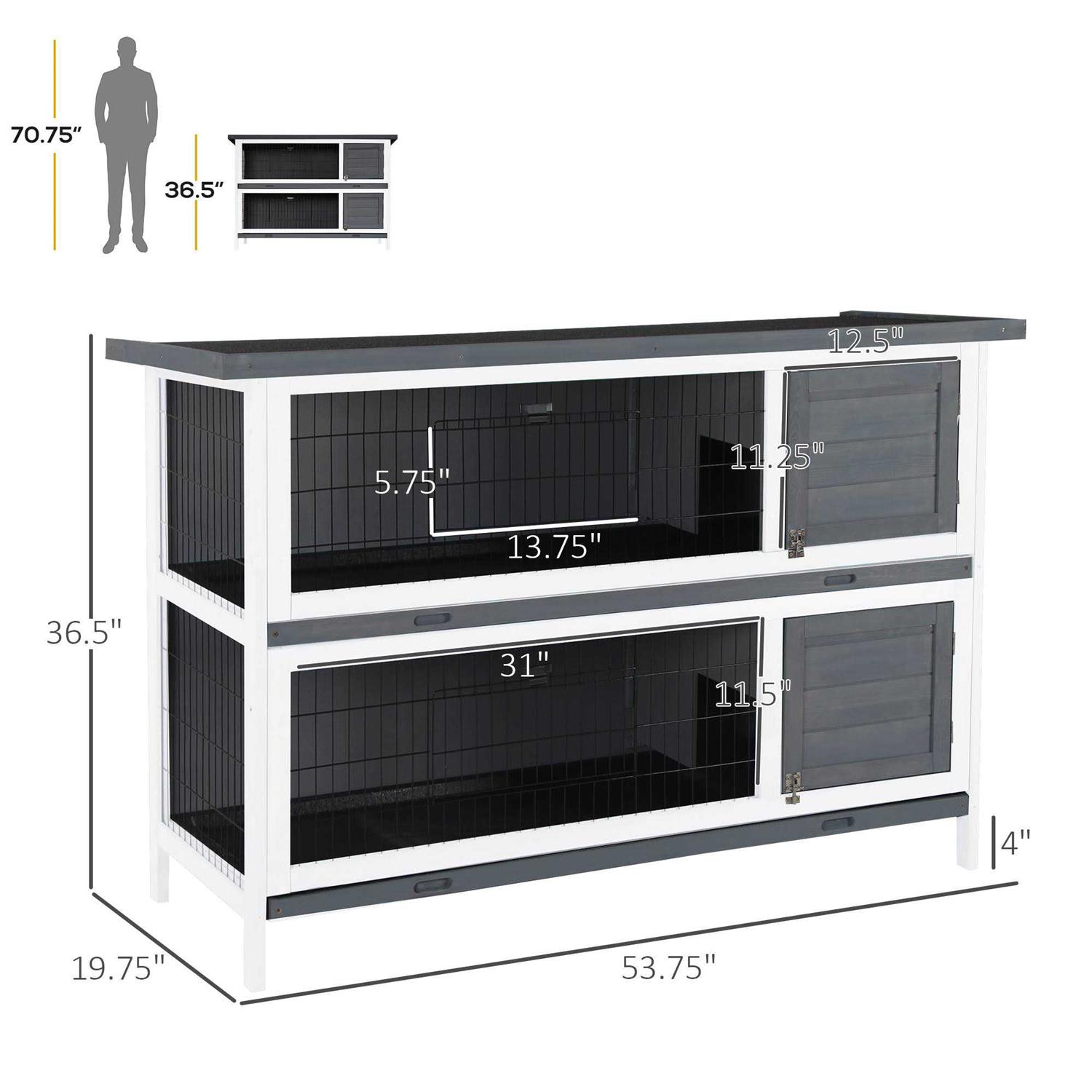 PawHut 54 2-Story Large Rabbit Hutch Bunny Cage Wooden Pet House Small Animal Habitat with Lockable Doors, No Leak Tray and Waterproof Roof