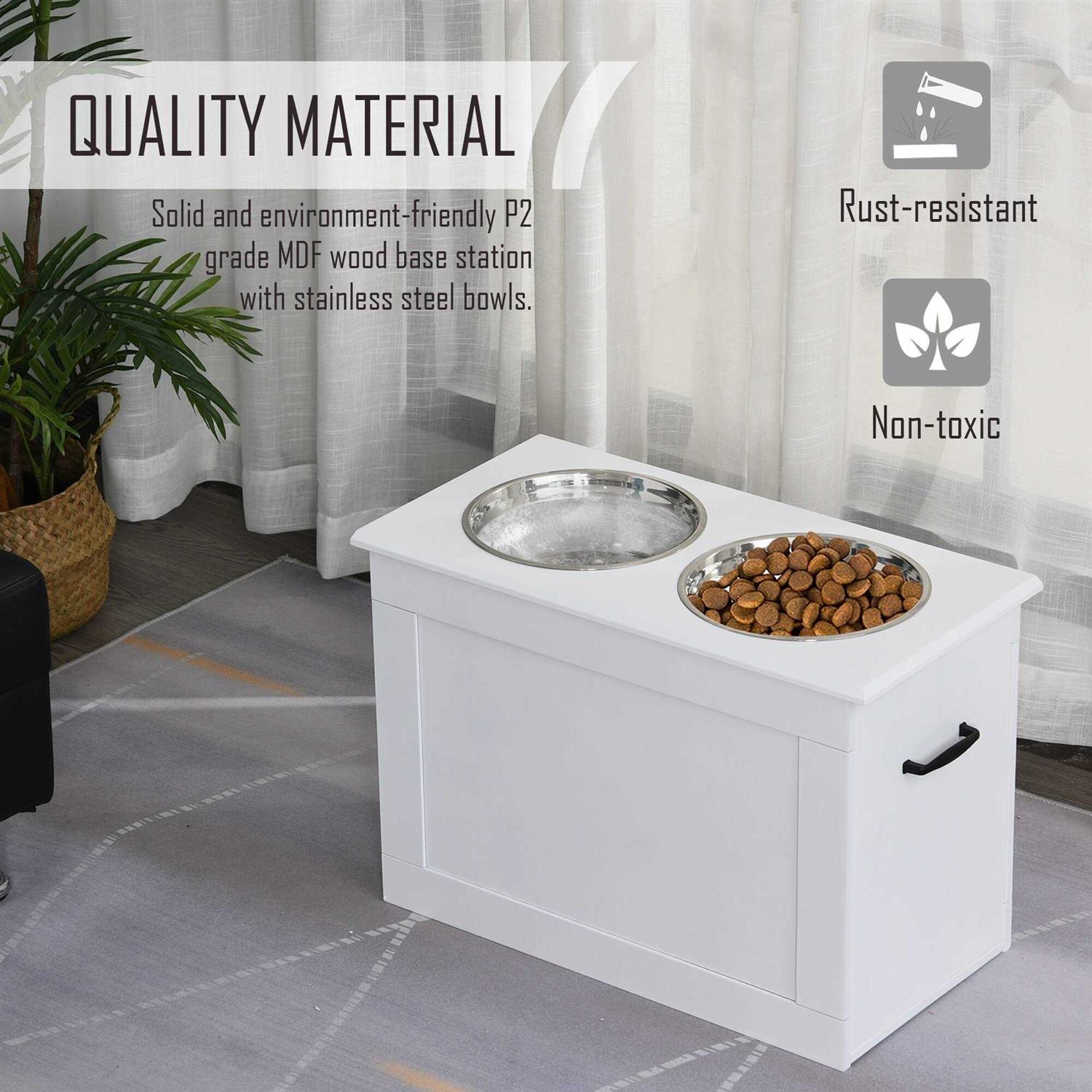 PawHut Raised Pet Feeding Storage Station with 2 Stainless Steel Bowls Base for Large Dogs and Other Large Pets