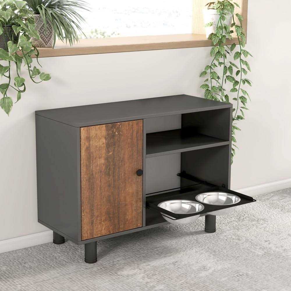 Large Pet Feeder Station Dog Food Storage Cabinet Stainless Double Pull Out Raised Dog Bowls Feeding Watering Supplies