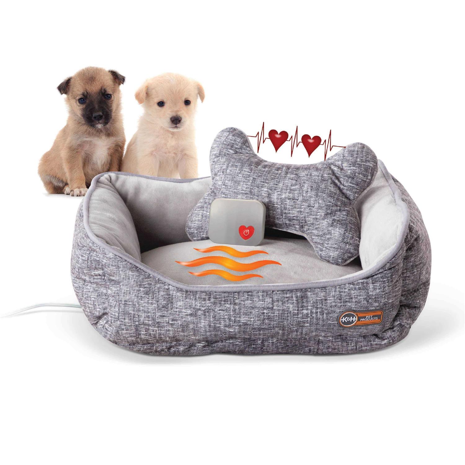K&H Mother’s Heartbeat Heated Puppy Pet Bed with Bone Pillow