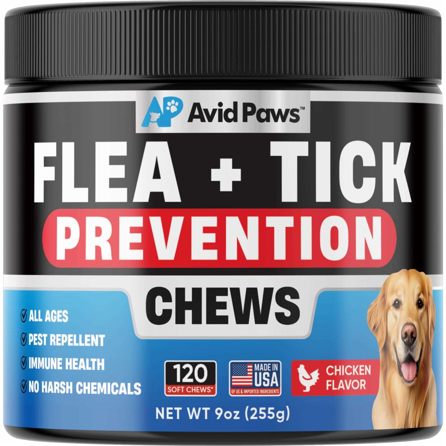 Avid Paws Dog Flea and Tick Treatment Chewable US Made Natural Flea and Tick Prevention for Dogs Chewable Tablets