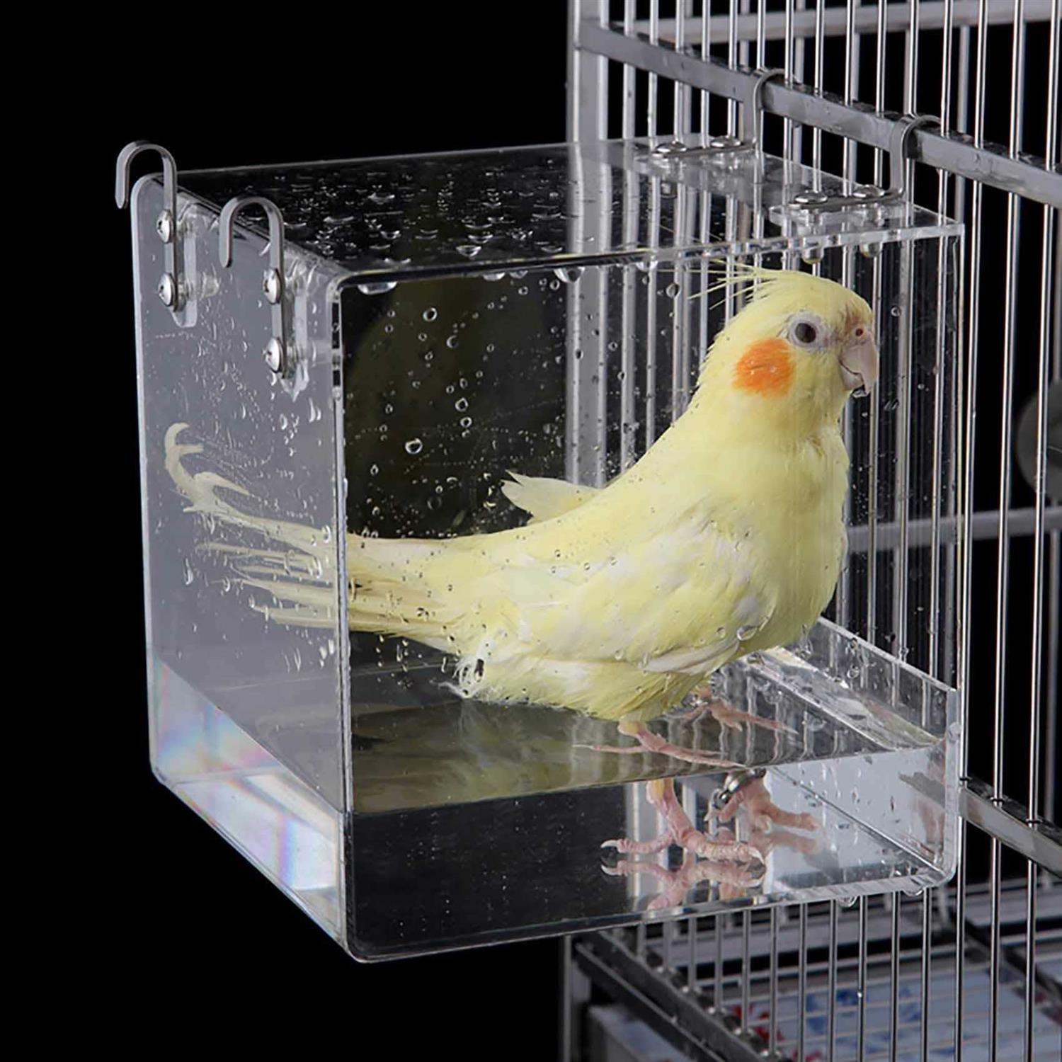 EnoYoo Bird Bath Cage Cleaning Pet Supplies Cockatiel Bird Bathtub with Hanging Hooks for Little Bird Parrots Spacious Parakeets Portable Shower
