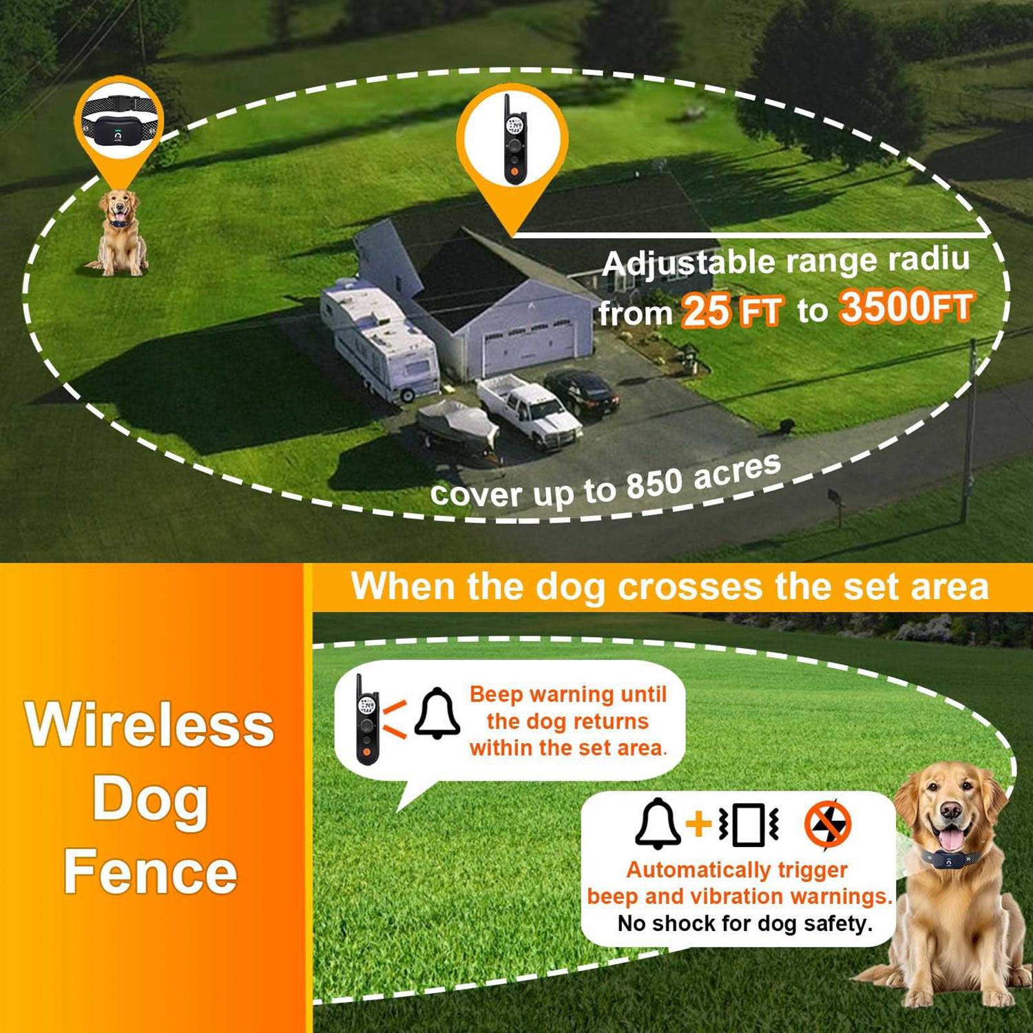 MIMOFPET Wireless Dog Fence System with Training Remote Up to 3500ft Adjustable Electric Fence for Dogs,Waterproof Dog Training Collar