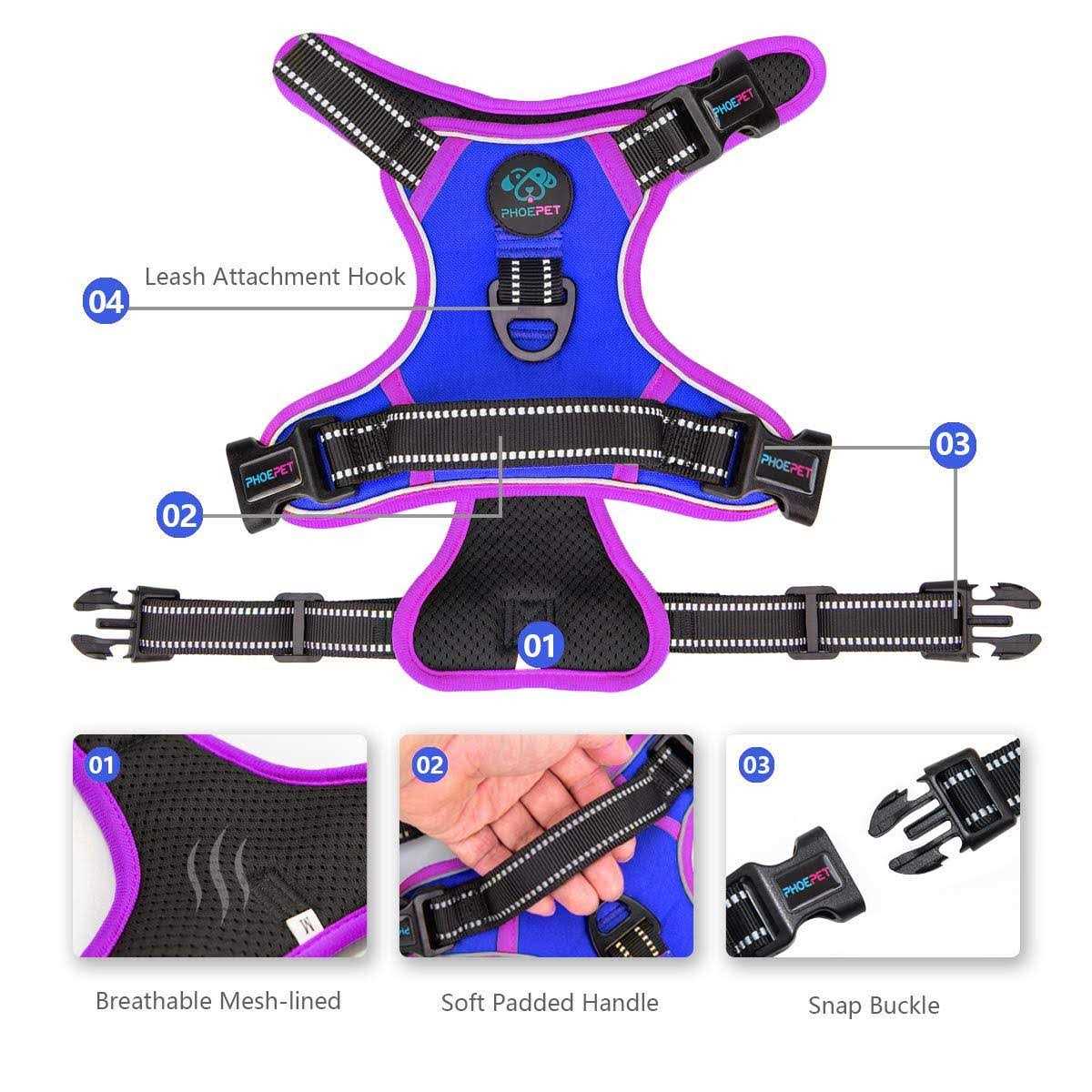 Phoepet No Pull Dog Harness Reflective Front Clip Vest with Handle,Adjustable 2 Metal 3 Buckles