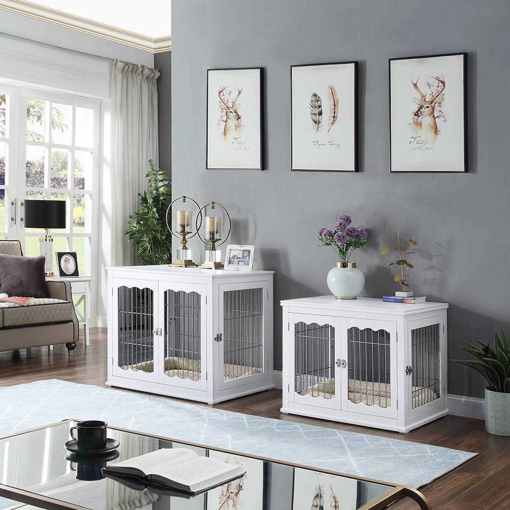 Unipaws Dog Crate End Table with Cushion Wooden Wire Pet Kennels with Double Doors