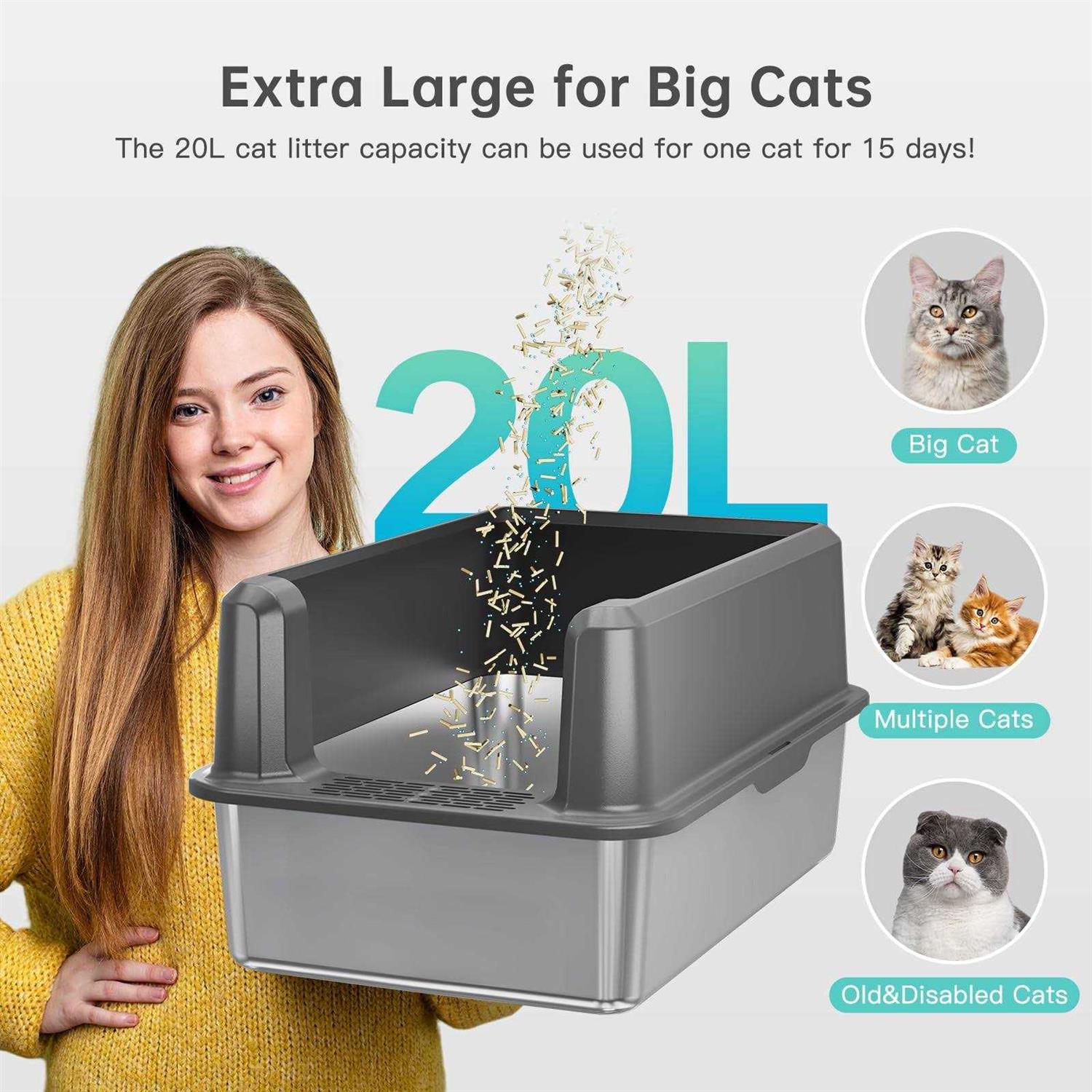 WoofiGo Stainless Steel Cat Litter Box with Lid XL Litter Box for Big Cats