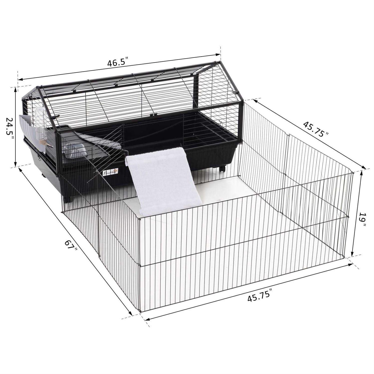 PawHut Rolling Metal Rabbit Guinea Pig or Small Animal Hutch Cage with Main House and Run