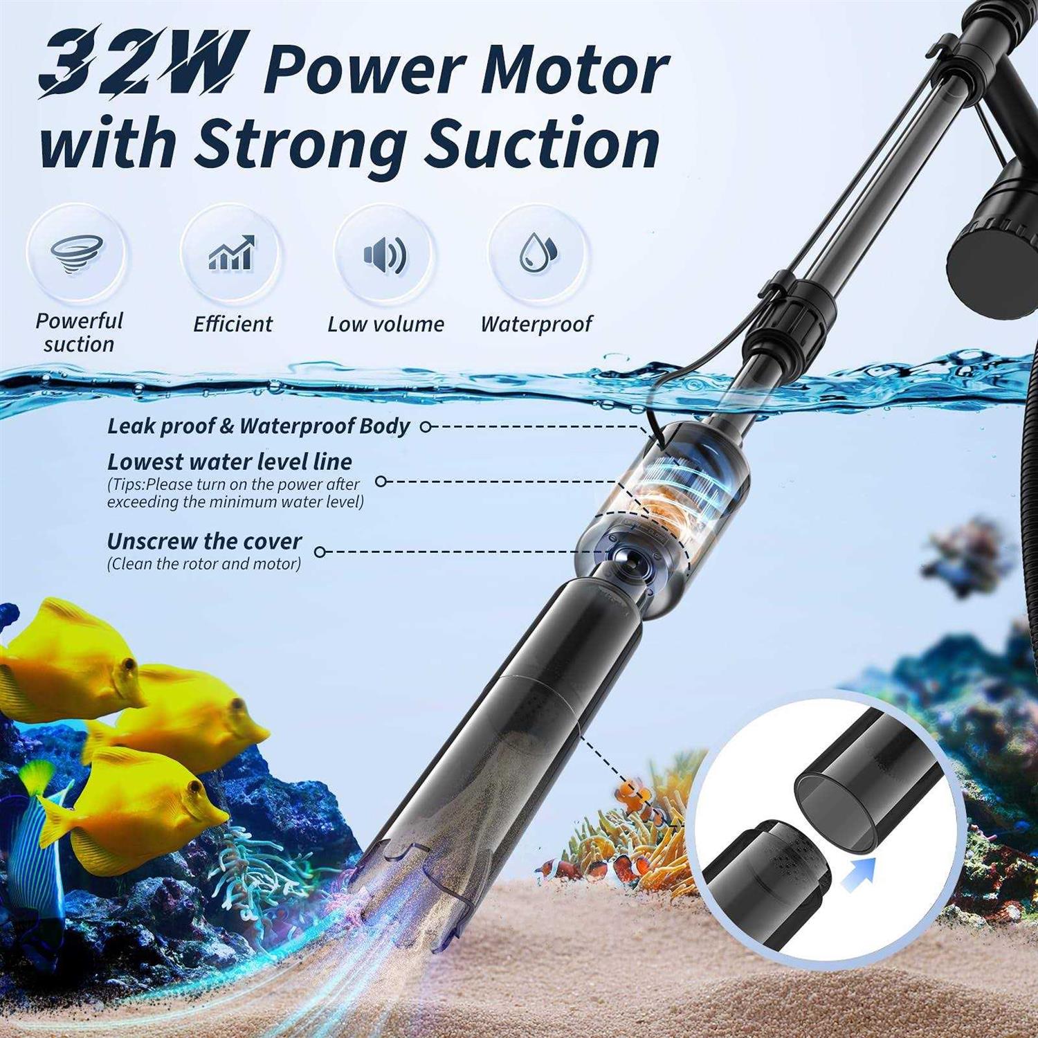 Mildhug Fish Tank Cleaner Aquarium Gravel Cleaner 530GPH/32W Electric Fish Tank Cleaning Tools
