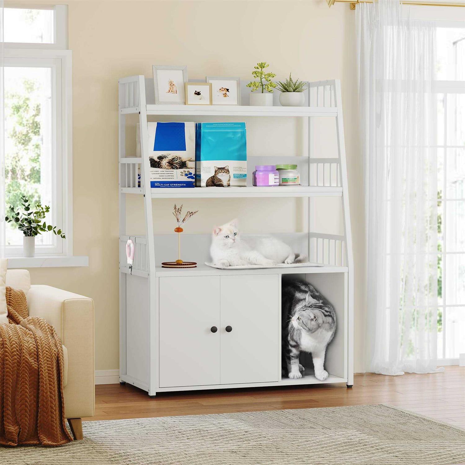 YITAHOME Cat Litter Box Enclosure with Storage Shelves Indoor Large Litter Box Furniture Wooden Hidden Cat Cabinet Washroom