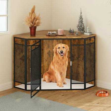 Dextrus Corner Dog Crate Furniture,Stylish 43.7-inch Wooden Dog Kennel with Sturdy Metal Mesh