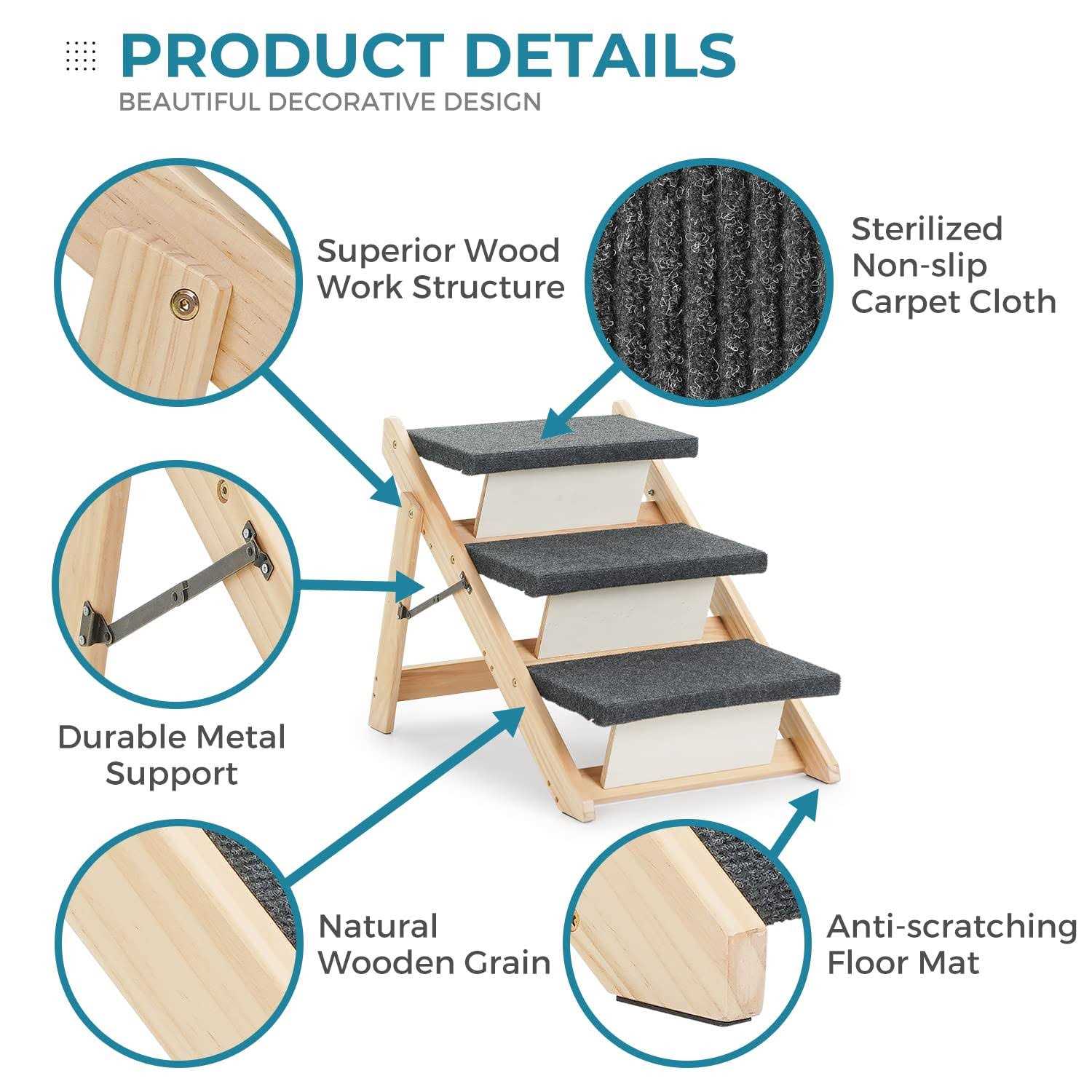 Sweetbin Wooden Pet Stairs/Pet Steps for All Dogs and Cats Up to 150Lbs