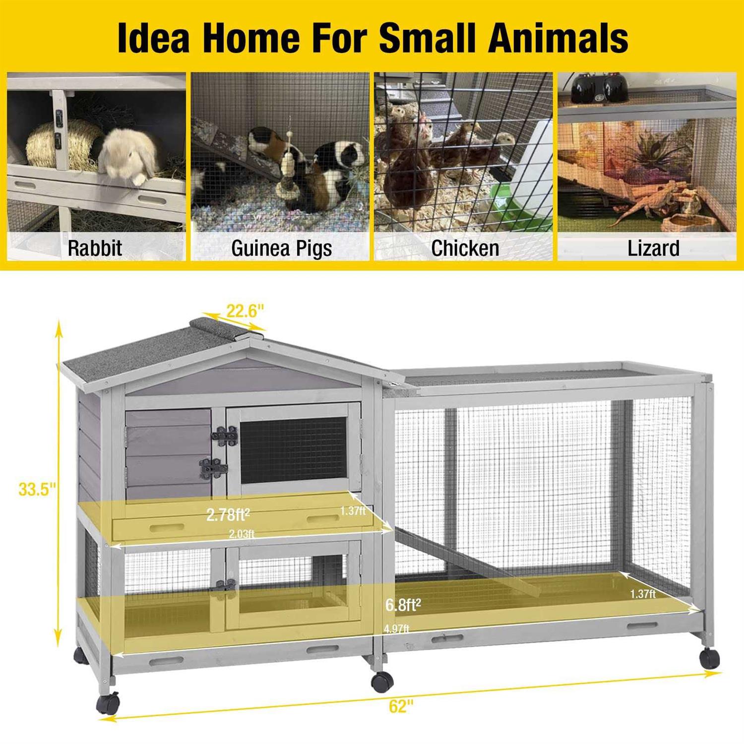 Aivituvin Rabbit Hutch Indoor 62 Cage Outdoor Chicken Coop Guinea Pig Cage on Wheels Bunny Cage with 3 Deep No Leakage Pull Out Tray,Waterproof