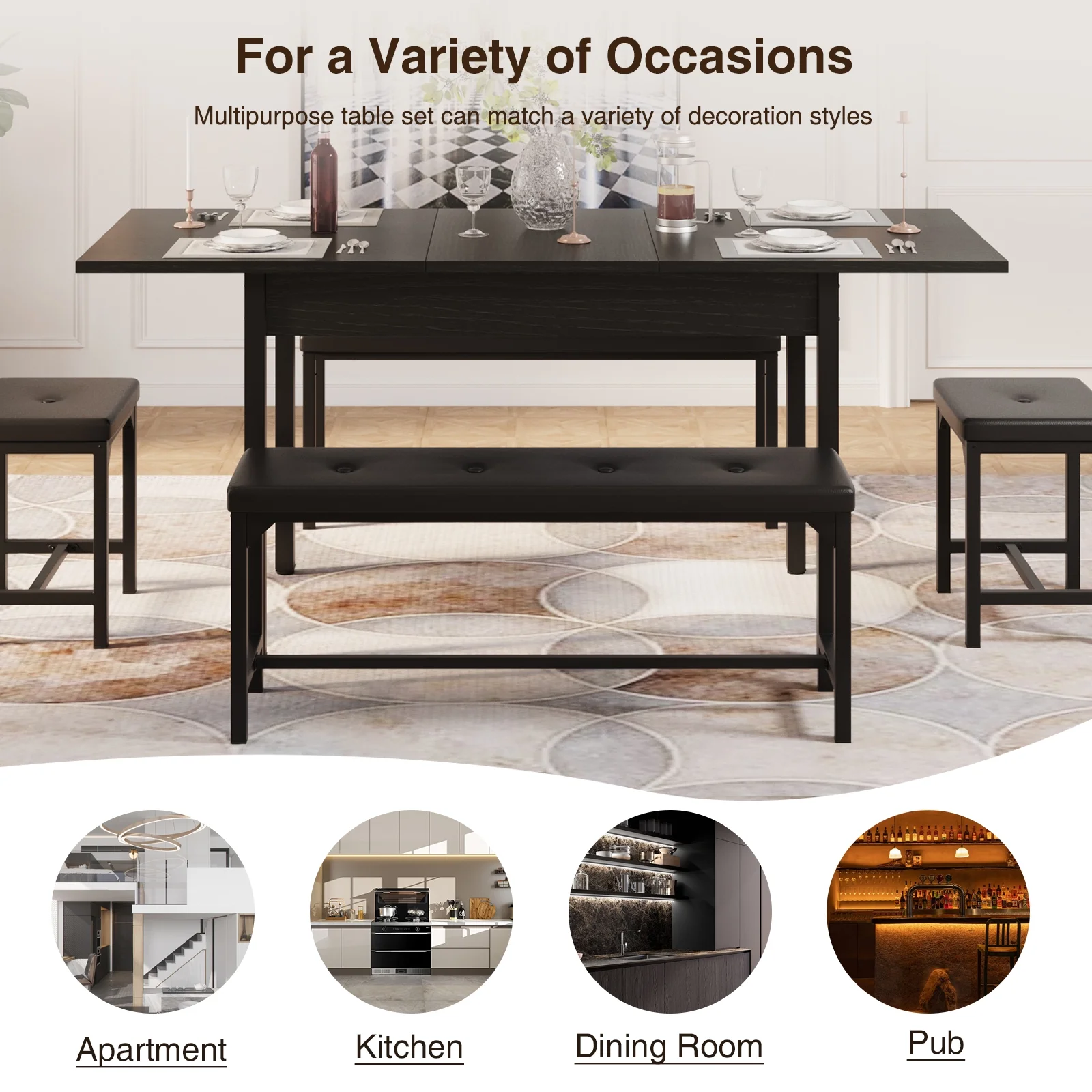 FiveWillowise 3-Piece Dining Table Set for 4-8, Kitchen Table Set with Metal Frame & Wooden Board .63