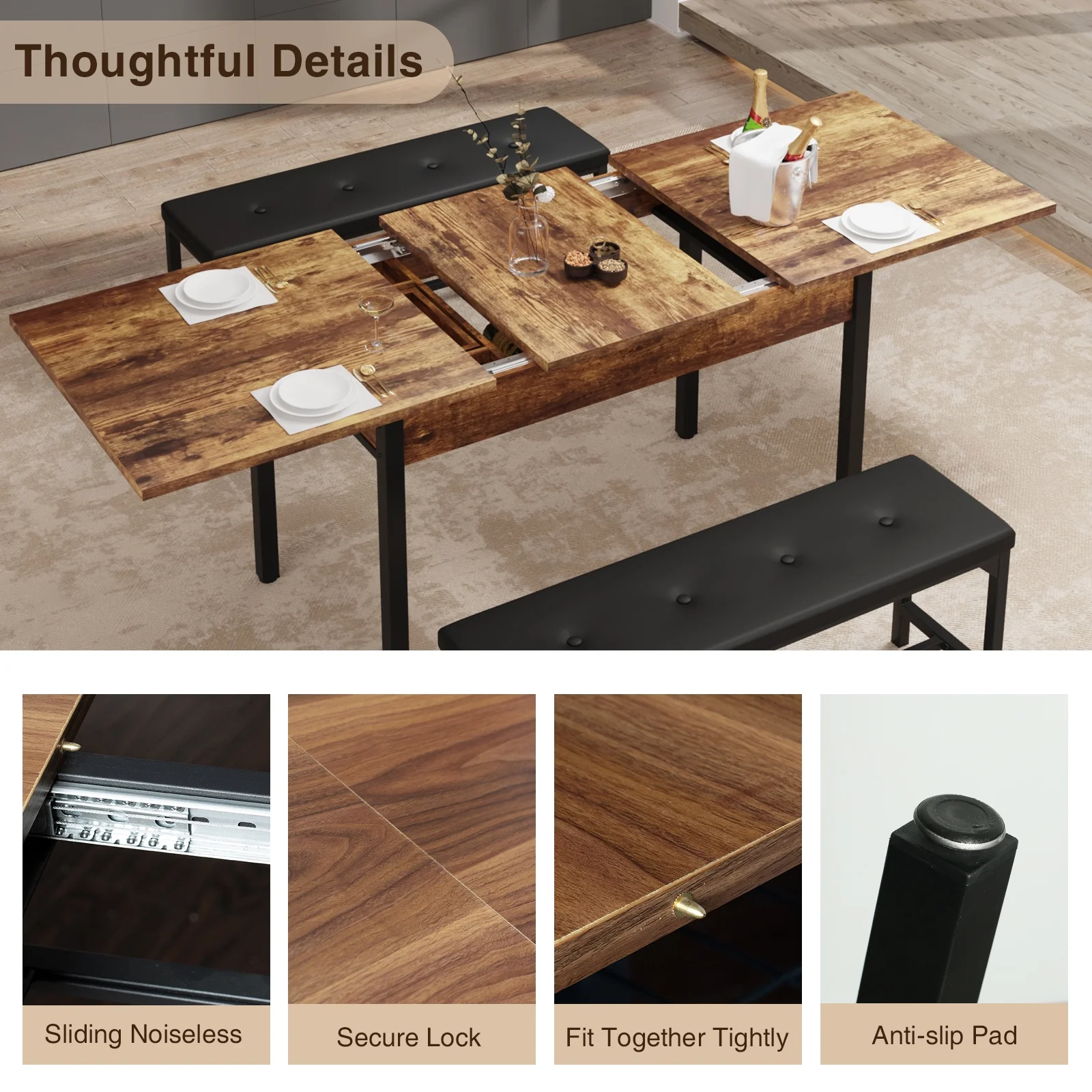 FiveWillowise 3-Piece Dining Table Set for 4-8, Kitchen Table Set with Metal Frame & Wooden Board .63